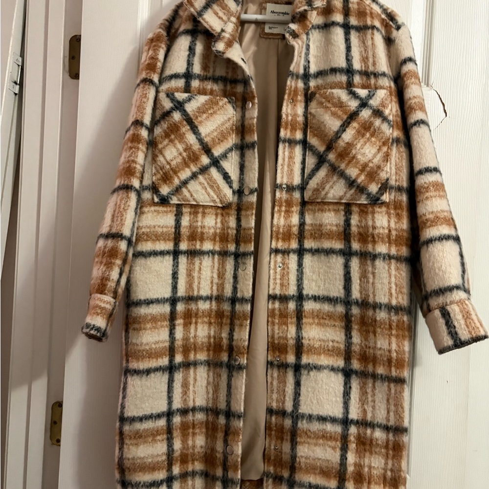 Abercrombie & Fitch Tan and Black Checkered Pea Coat